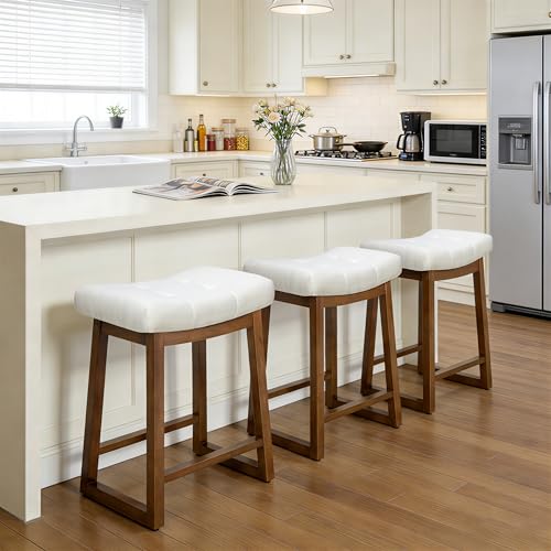 Image of Bar Stools Set of 3, Backless Counter Height Bar Stools, 24 Inch Modern Saddle Bar Stools with Walnut Legs & Upholstered Fabric Seat, Wooden Counter Stools for Kitchen Island, Cream White