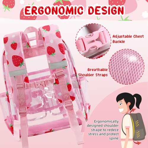 Image of Clear Backpack for Kids, Strawberry Backpack for Girls, Water-Resistant See Through Bookbag with Chest Strap for Preschool Kindergarten College Travel Stadium Work Concert
