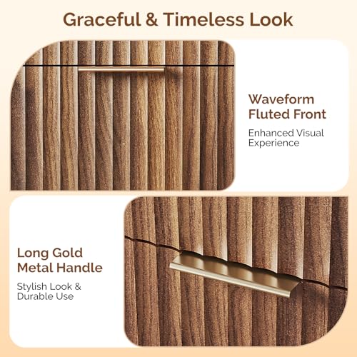 Image of VINGLI Fluted Walnut Dresser 6 Drawer, Dark Brown Wood Dresser with Rounded Edges, Mid Century Modern Walnut Dressers for Bedroom, 46.8 inch W*15.5 inch D*31 inch H