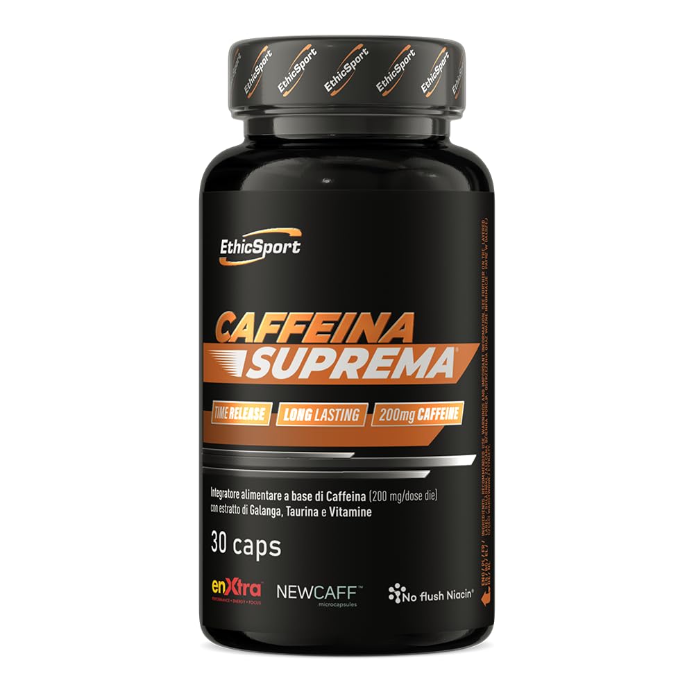 ETHICSPORT Caffeina Suprema 200 mg di Caffeina a rilascio modulato con NEWCAFF, EnXtra, Teanina e Taurina – utile per lucidità mentale e concentrazione – 30 capsule vegetali