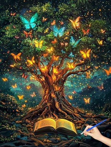 数字油絵 木 数字塗り絵 蝶 Paint by Numbers ナンバーペイント 子供 初心者 DIY Cheerful Painting 手工芸 芸術手塗りれる アクリルキット 大人のためのクリエイティブな趣味 誕生日プレゼント ホーム オフィスの壁装飾