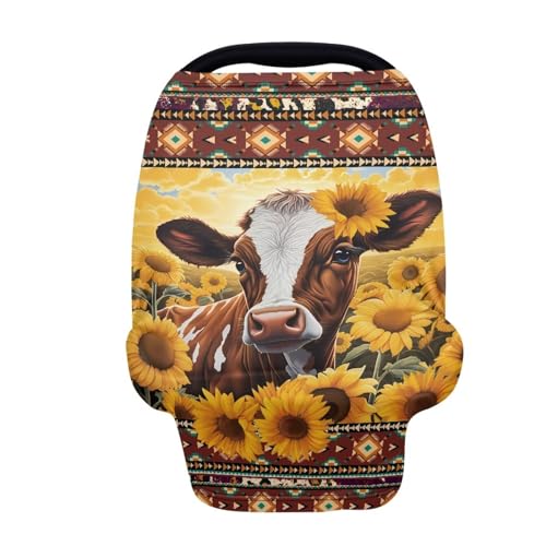 Image of Cow Sunflower Car Seat Covers Dust Cover Decorative Washable Stroller Canopy Covers Lightweight Windproof Stretchy Car Seat Canopy Cover Easy Cleaning