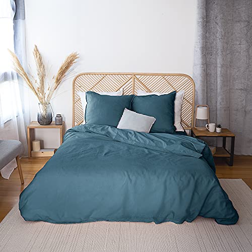 CÔTE DECO Parure de lit Unie avec Housse de Couette 220x240 cm + 2 Taies d'oreiller 63x63cm Parure de lit pour 2 Personnes Coton Lin lavé Bleu