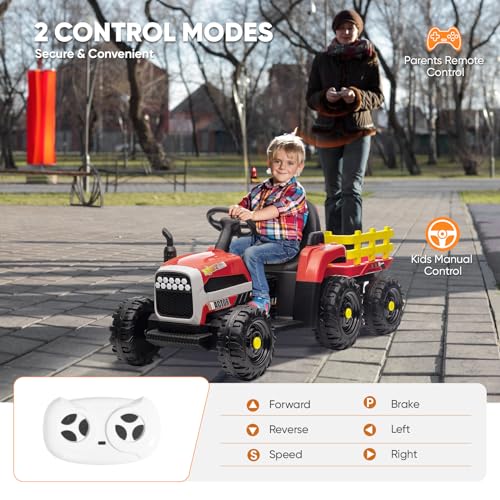 12V 3-Gang Traktor mit abnehmbarem Anhänger und 2,4G Fernbedienung, Kinder Aufsitztraktor mit LED Lichtern, Musik, Hupe & USB Funktionen, geeignet für Kinder ab 3 Jahren (Rot) – Bild 7