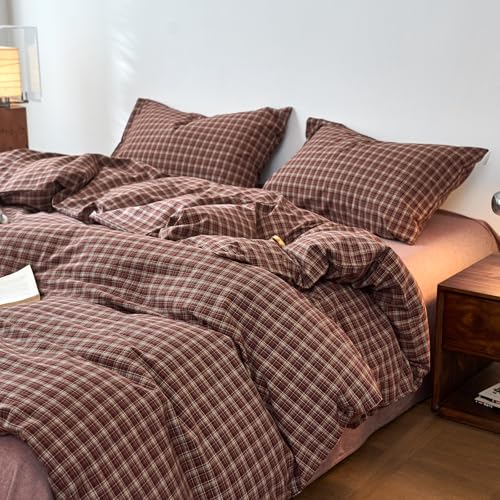 Image of EAVD Vintage Style Burgundy Gingham Duvet Cover Queen 100% Washed Cotton Like Linen Feel Soft Checkered Grid Plaid Bedding Set with 2 Pillowcases Farmhouse Grid Geometric Duvet Cover with Zipper