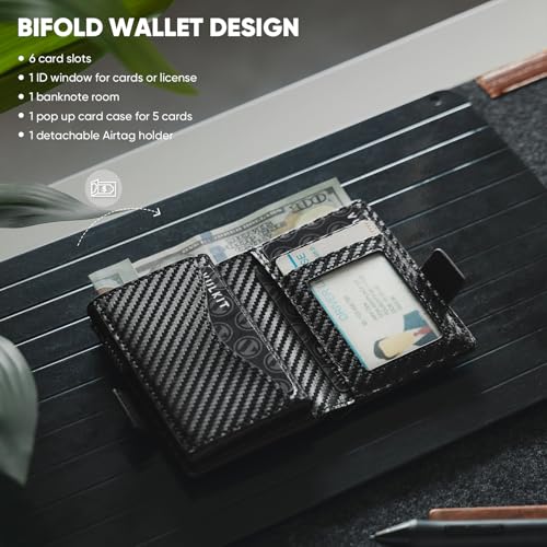 Image of VULKIT Card Holder Wallet with Airtag Holder & ID Window Pop Up Leather Wallet RFID Blocking Magnetic Closure for Men