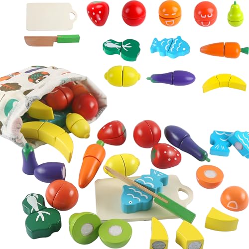 huruirui Hölzernes Schneiden Sie Obst und Gemüse Holzspielzeug,KinderküChe Zubehör Spielzeug,Lernspielzeug für Kochsimulation und Farberkennung 2 3 4 Jahre älter Jungen Mädchen Spielküche Geschenk