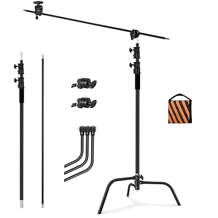 Soonpho Heavy Duty C Stand with Boom Arm,Black Stainless Steel Tripod Base Adjustable Photography Light Stand with Grip Head/Sand Bag for Lighting,Overhead Shooting,Reflector,Softbox,Umbrella...