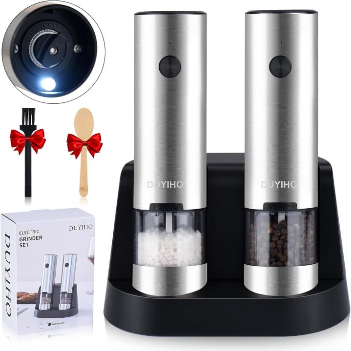 Electric Salt and Pepper Grinder Set, 2 Packs Rechargeable Stainless Steel Pepper Mills with LED Light and Charging Base, Automatic Spice Shakers Set, External Adjustable Coarseness, Silver