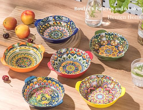 Henten Home Schalensets mit Griffen, Salatteller Servierteller 6er Set, 520ml Keramik Pastateller für Pasta Salat Obst, Bunt Schalen - Böhmischer Stil