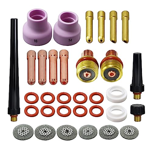 Image of RIVERWELD TIG Gas Lens Collet Bodies 45V 13N Champagne R type 53NACN 14-16# | 45V43 13N22 2C116GS 1 /16 inch, 45V44 13N23 2C332GS 3 /32 inch Ceramic Cups for SR WP 9 20 TIG Welding Torch 33pcs