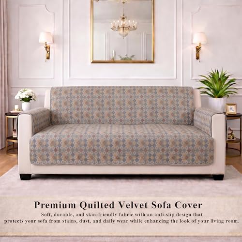 Image of STITCHNEST 'CloudFeel Series' Quilted Printed Velvet Sofa Cover for 2 Seater | Premium Soft Velvet Sofa Protector | Multicolor Diamond Geometric Design with Armrest Pockets | Furniture Cover