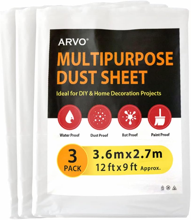 ARVO 3 Pack Extra Large Plastic Dust Sheets for Decorating - 3.6m x 2.75m (12ft x 9ft), Waterproof Polythene for Painting, Furniture, Floor Protection, Ideal with Paint Coveralls