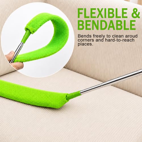 Image of Retractable Gap Dust Cleaner, 30-100 in Pole, 3 Microfiber Cloths, Green | Extends 30-100 inches to clean narrow gaps under refrigerators, sofas and appliances; includes 3 washable microfiber cloths.