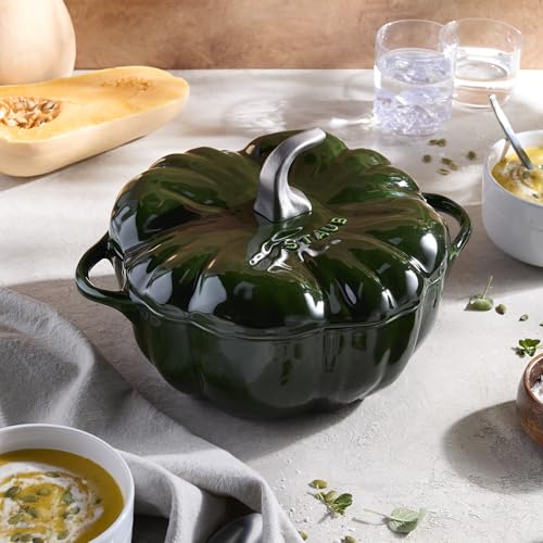 Image of STAUB Cast Iron 3.5-qt Pumpkin Cocotte with Stainless Steel Knob - Basil