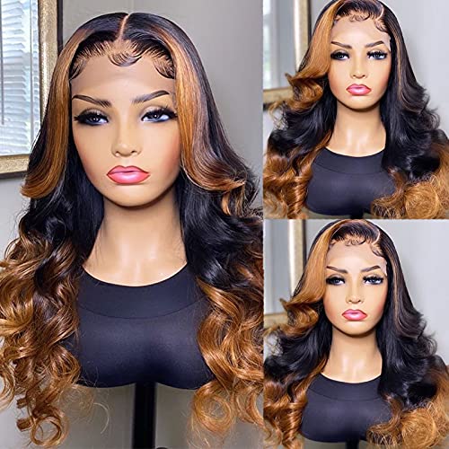 JYZ Wavy Lace Frontal Wigs Human Hair 13X4 Ombre Lace Front Wig Human Hair 2 Tones Color 1B/30 Color Wigs for Black Women Human Hair Transparent Pre Plucked with Baby Hair (20 Inch Middle Part)