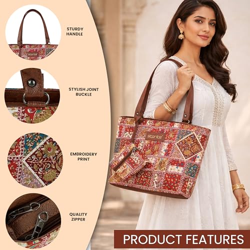 Image of Storite Women's Tote Bag with Leather Handles & Embroidery Printed Handbag with Zip Pockets, Shoulder Tote Bag and Handbag for Office and College