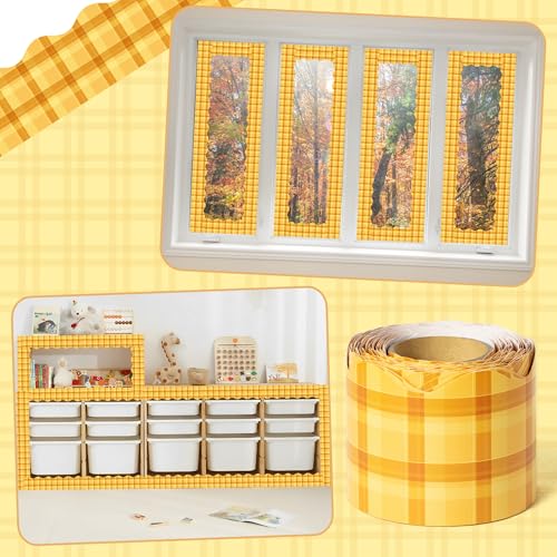 Image of BeYumi Yellow Plaid Border Trim - 65ft Back to School Yellow Scalloped Rolled Border Trim Fall Thanksgiving Plaid Bulletin Board Set Harvest Party Decor Classroom Office Chalkboard Door Decoration