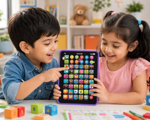 Image of Learning Pad for Preschoolers & Toddlers 2Y+ | 14 Interactive Functions, Phonics, Alphabets, Numbers, Transport & Animal Sounds | Educational and Early Developmental Toy (Purple)