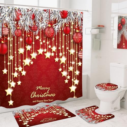 Weciau Weihnachts Duschvorhang Set, 4-teilig Weihnachts-Badezimmer-Set...