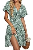 PLMOKEN Summer Dresses Women UK Sexy Deep V Neck Beach Wrap Dresses Ladies Ruffle Sleeve Wedding Guest Dress with Pockets Dark Green Dot L