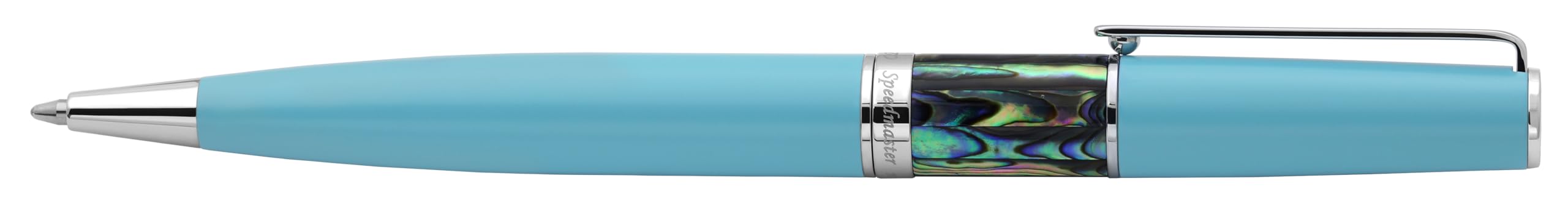 Xezo Speed Master Stylo à bille à mécanisme tournant, pointe moyenne. Bleu ciel mat avec coquille de Pāua abalone. Plaqué chrome. Corps en laiton léger. Chaque pièce unique