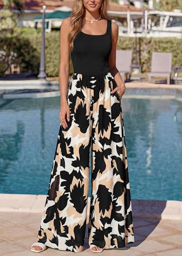 KIRUNDO Jumpsuits for Women Dressy 2026 Summer One Piece Sleeveless Boho Floral Wide Leg Romper Beach Vacation Cruise Outfits(Black, Large) — view 2