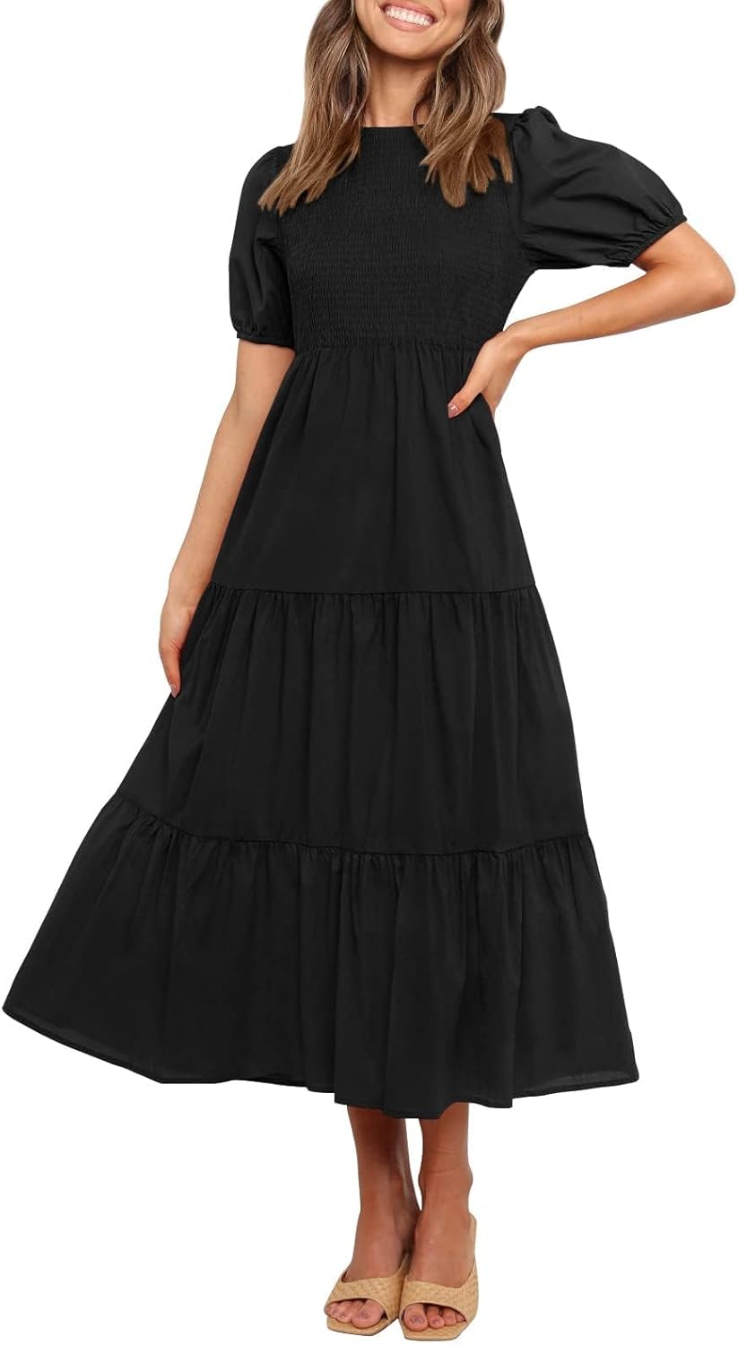 ZESICA Women’s Casual Summer Crew Neck Short Puff Sleeve Smocked High Waist Ruffle Tiered A Line Midi Dress