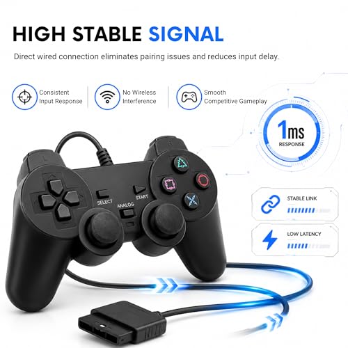 Image of Hopevry Wired PS2 Controller | 2 Pack Compatible with Sony PS2 /PS2 Slim /PS1 | PlayStation 2 Controller with Dual Vibration, Plug and Play, Ergonomic grip for extended gaming