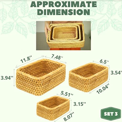 Rattan Basket Set 3 Wicker Baskets For Storage Rectangular Woven Basket For Shelf Organizing Bathroom Organizer Stackable Pack 3 (Honey Brown) #TOP1