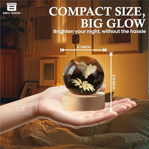 Image of 3D Crystal Sunflower with Butterfly Night Lamp LED Decoration Table Light with Wooden Stand for Bedside, Home Office Decor (Butterfly Sunflower)