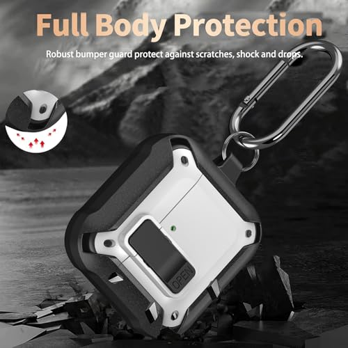 Image of Olytop for Airpods 4 Case with Lock Clid, Rugged Apple Airpods 4th Generation Cover 2024 Men Women, Armor Shockproof iPod 4 Gen Protective Hard Shell with Carabiner&Cleaner kit,Black /White