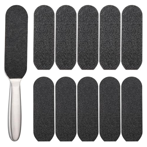 HonGien Lima de pies de pedicura y removedor de callos para piel dura, 1 mango de acero inoxidable, 10 almohadillas gruesas de grano fino, limas de pie para piel dura para pedicura en casa