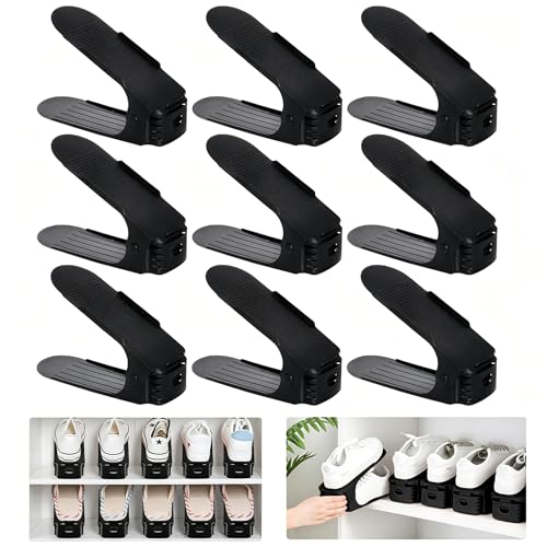 Yunvin Shoe Slots Pack Of 10 Adjustable Shoe Stacker Storage Organiser with 3-Level Height Space Saving and Non-Slip Shoe Holder Set Plastic Black