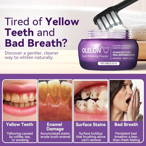 Image of Teeth Whitening Powder with 20,000ppm Hydroxyapatite & 20,000ppm Niacinamide, Purple Tooth Powder for Surface Stain Removal, Fresh Mint Flavor, 1.76 oz