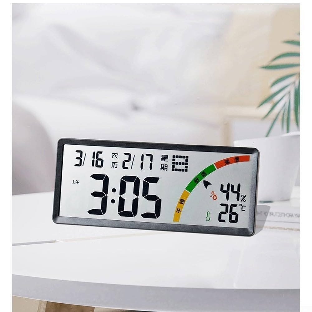 Orologio LCD di grande formato per uso da parete o scrivania, con calendario lunare, temperatura e umidità, allarme e cronometro (8304 nero)