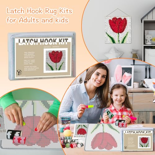 Image of YP Rose Latch Hook Rug Kit for Beginners & Adults - 12x12 Inch DIY Needlework Crochet Rug with Soft Pre-Cut Yarn, Easy-to-Follow Pattern, Perfect for Home Decoration or Gift-Making