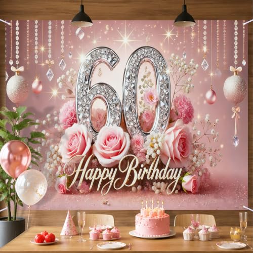 Image of Nuxovilar 60th Birthday Banner - Elegant Pink & Gold Floral Backdrop