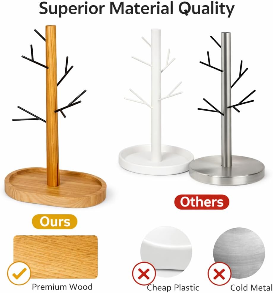 Creative Home Acacia Wood, Metal Tree Holder Stand│ Natural Wood & Black Branch Holder for Mugs, Jewelry & Accessories │ Stylish Kitchen or Vanity Organizer Gift
