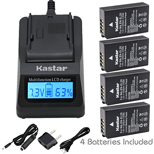 Kastar Fast Charger and Battery 4-Pack for Nikon EN-EL20, Nikon EN-EL20a Work with Nikon Coolpix A, Nikon 1 AW1, Nikon 1 J1, Nikon 1 J2, Nikon 1 J3, Nikon 1 S1, Nikon 1 V3, Blackmagic Pocket Cinema