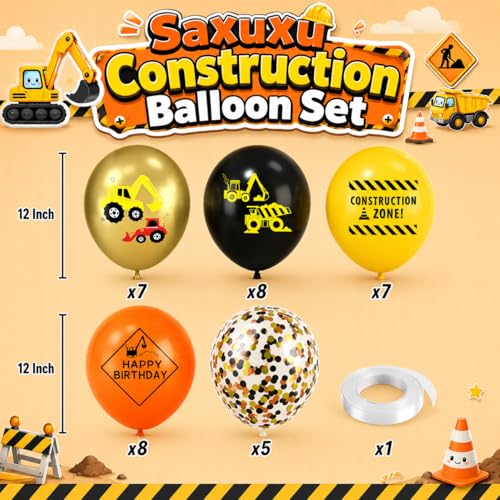 Image of Construction Balloons, 12 Inch Gold Black Yellow Orange Confetti Balloons for Boy Baby Shower Construction Themed Birthday Truck Party Graduation Supplies