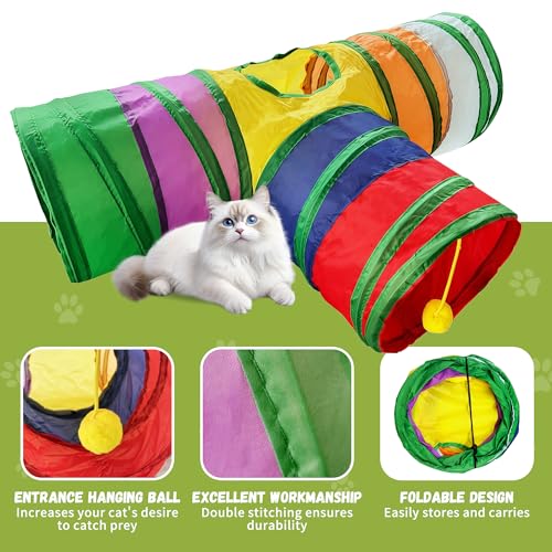 Image of Cat Tunnel,Cat Tunnels for Indoor Cats Interactive, Pet Tunnel Toys for Cats Kitten Rabbits,3 Way Collapsible,Rainbow L 32 inch T Shape
