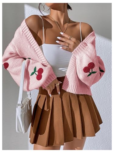 Image of GORGLITTER Women's Cherry Cropped Cardigan Sweaters Open Front Long Sleeve Cute Chunky Knit Short Cardigan Trendy