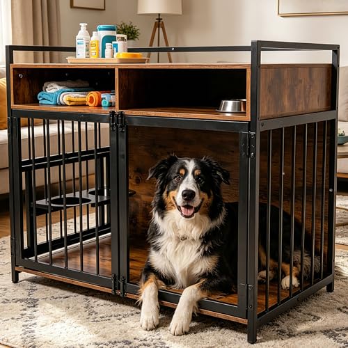 Large Dog Crate Furniture - 48' Vintage Brown Wooden Kennel for Big Dogs, Heavy Duty Chew-Proof Cage with 360° & Adjustable Raised Feeder, Dual Use as End Table or TV Stand