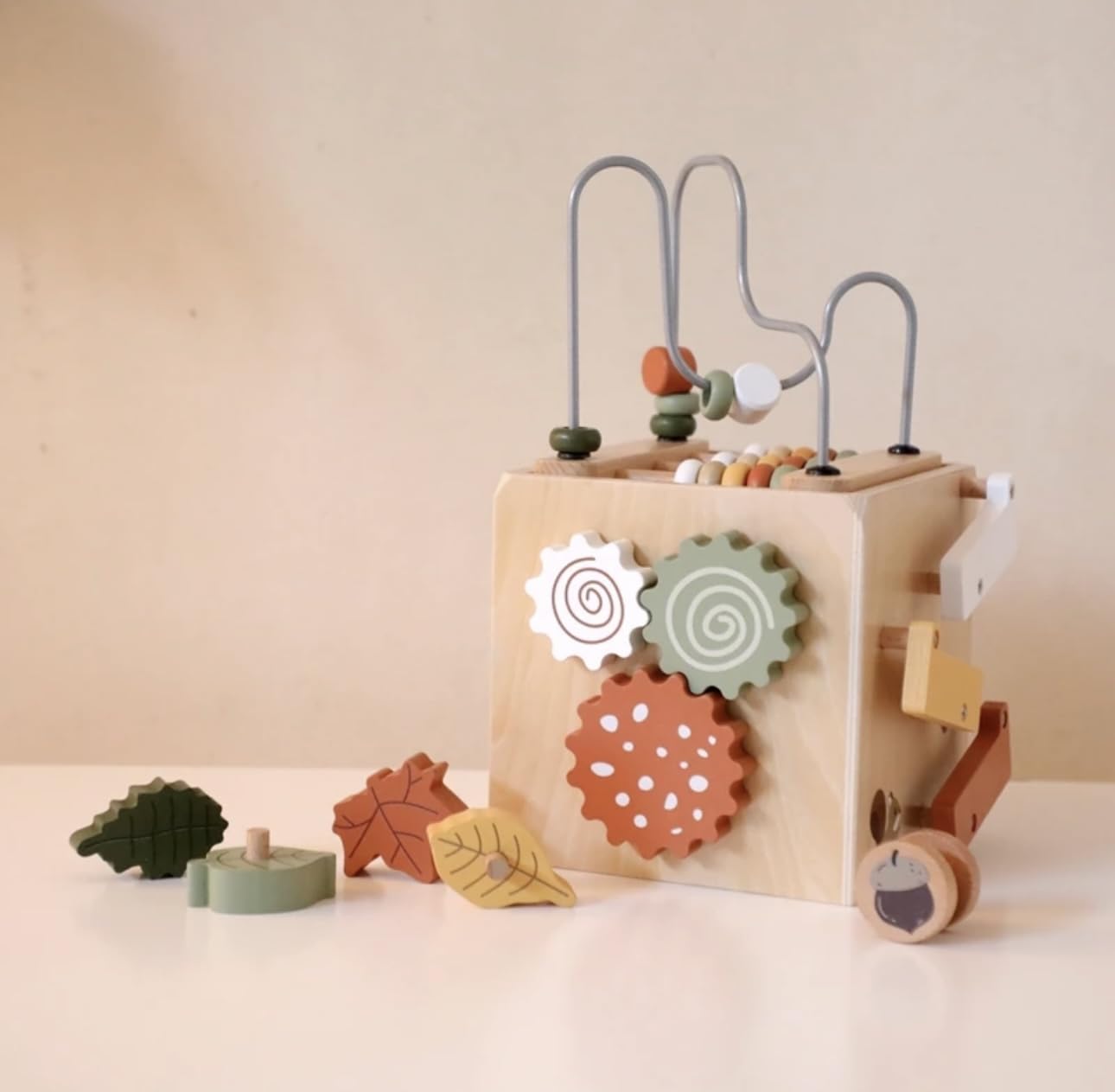 Wooden Activity Cube, Bead Maze, Gears, Shapes, Rabbit Figure, 10 x 10 x 10 inches