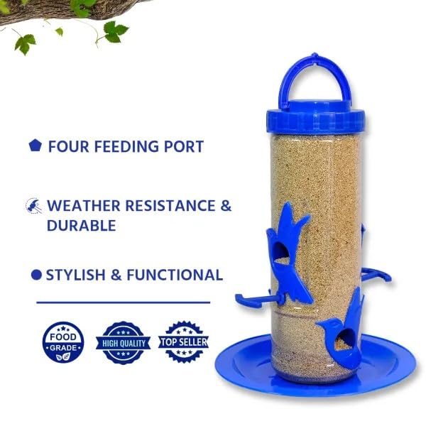 Image of Amijivdaya Medium Hanging Bird Feeder for Garden Balcony | 4 Feeding Ports | 700g Seed Capacity | Food-Grade Plastic | Easy Refill & Weatherproof (Blue, Pack of 1)