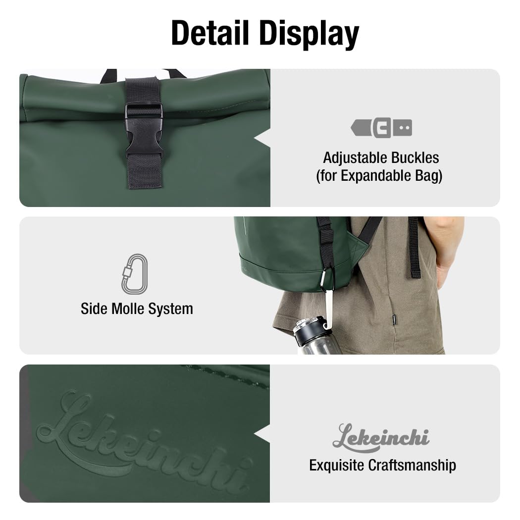 Lekeinchi Zaino Rolltop Uomo Donna Porta PC 17 Pollici | Zaino Impermeabile Uomo Donna - Rains Zaino con Strisce Riflettenti - Zaino da Viaggio Espandibile - Casual Lavoro Università - Verde