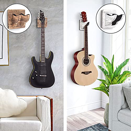 Image of Wooden Guitar Wall Mount Hanger - Wall Mounted Guitar Holder with Soft Padded Hooks - Wooden Guitar Stand for Acoustic, Electric, Bass & Ukulele - Space Saving Guitar Wall Hanger Rack