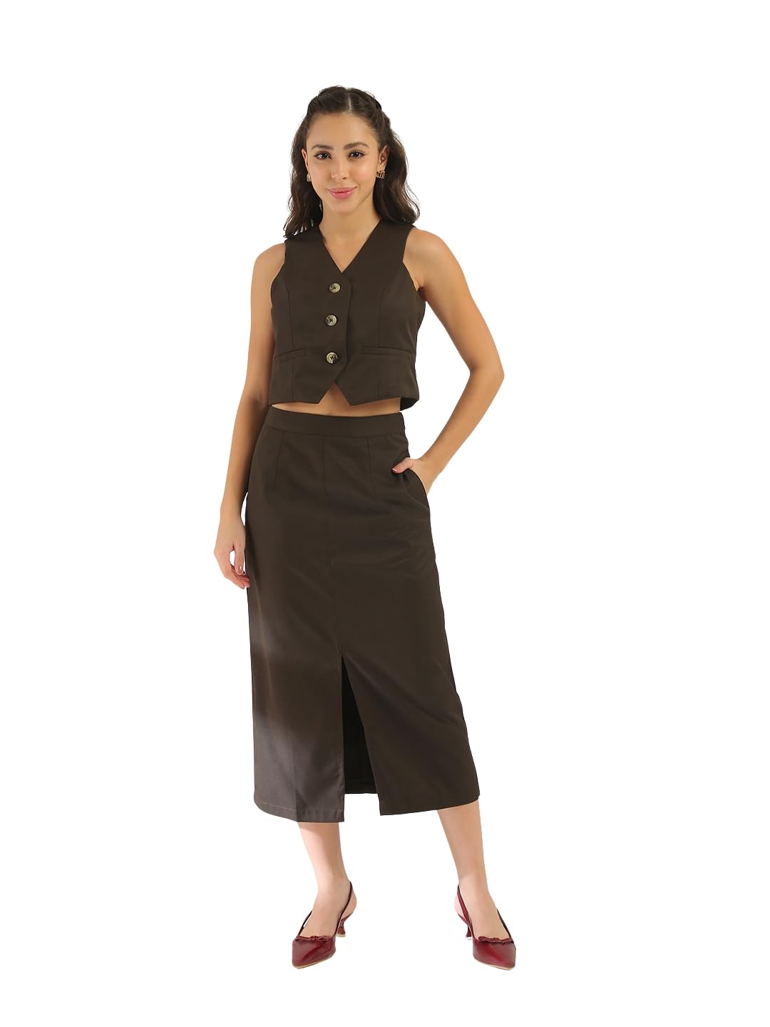 globus Women Brown V-Neck Solid Cropped Waistcoat with Front Slit Midi Skirt Workwear Co-Ord Set-picture-13