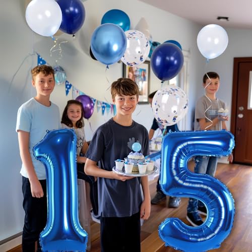 Image of 15th Birthday Balloon for Boys, Foil 40 Inch Self Inflating Number 15 Metallic Dark Blue, Navy Blue Mylar Large Balloon with Silver Confetti Latex for Men Birthday Party Decorations